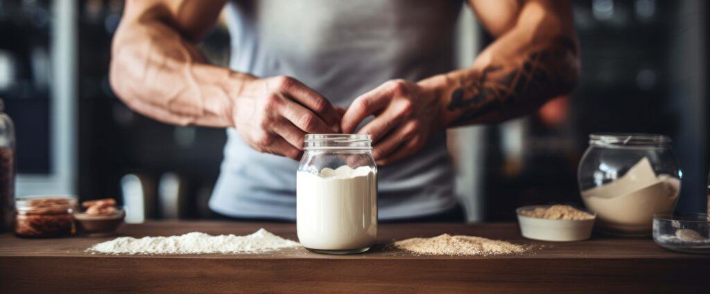 Ernährungsritual: Ein Mann bereitet auf einem Holztisch vor dem Hintergrund eines Fitnessstudios einen Proteinshake zu und fängt dabei die Essenz von Gesundheit, Fitness und Lebensstil in Nahaufnahme ein