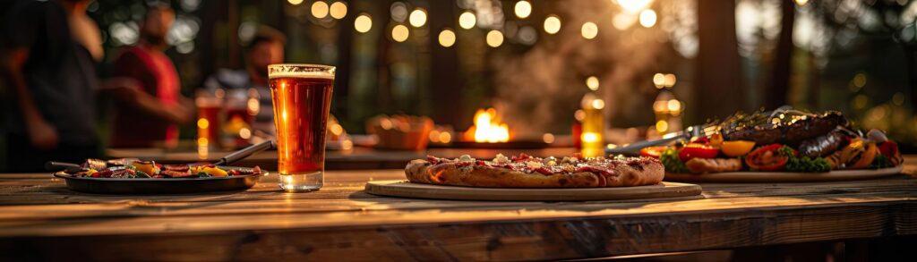 Ein gedeckter Gartentisch bei Sonnenuntergang mit Pizza, zubereitet auf einem Pizzastein Backofen, und einem Glas Bier. Im Hintergrund gemütliche Lichter und ein Grill, die eine warme Atmosphäre schaffen.