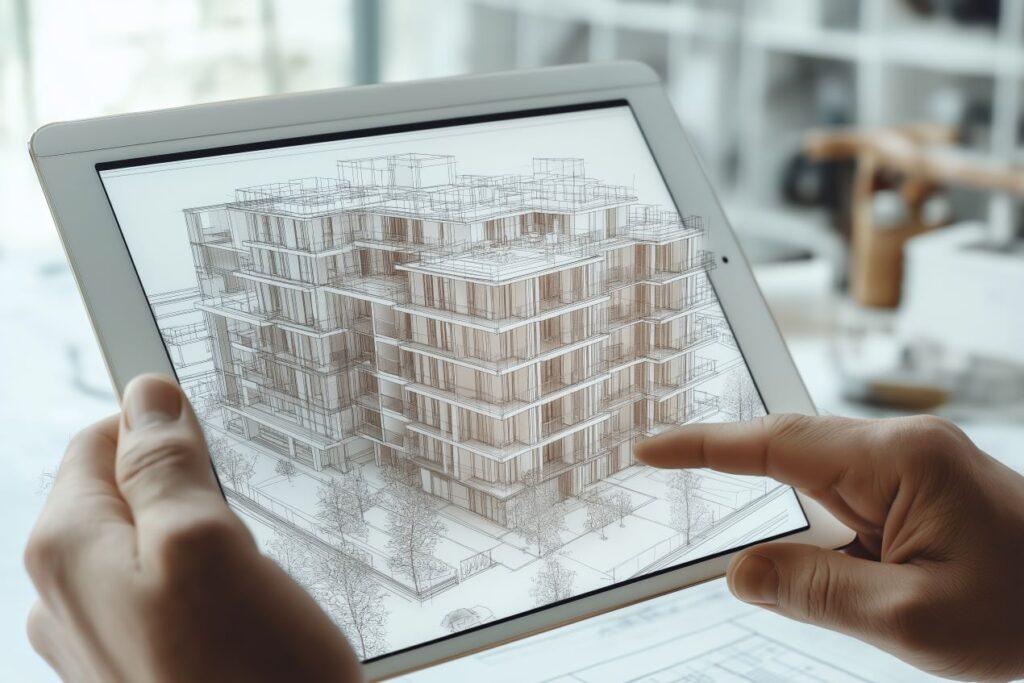 Nahaufnahme eines Tablets mit einer 3D-Architekturvisualisierung; eine Hand navigiert das Modell eines modernen Gebäudekomplexes.