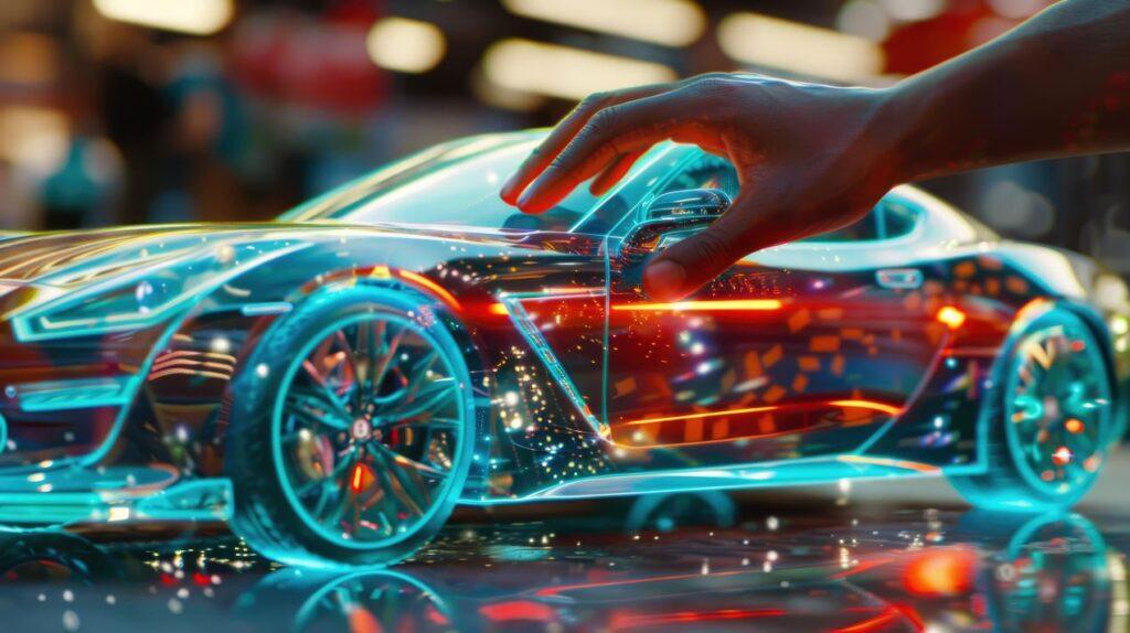 Hand berührt eine holografische 3D-Darstellung eines modernen Autos mit leuchtenden Details und futuristischer Beleuchtung in Blau und Orange.