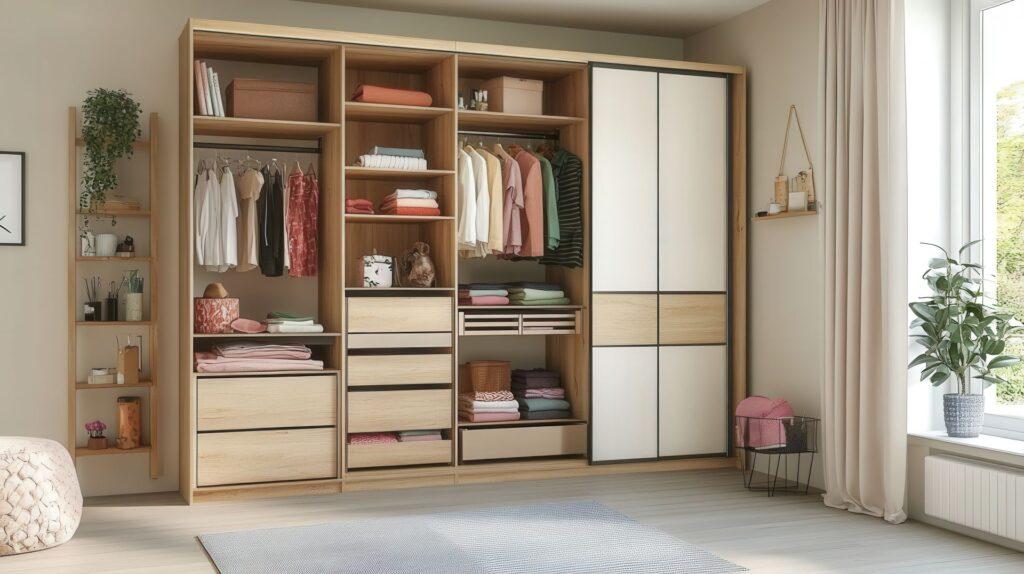 Offener, moderner Kleiderschrank mit Schubladen, Kleiderstangen und Ablagefächern in einem lichtdurchfluteten Raum