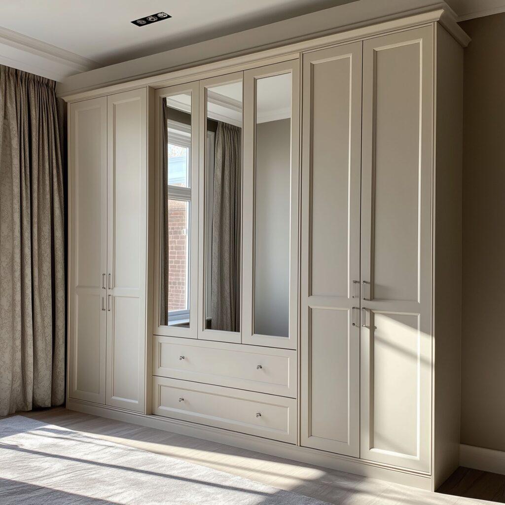Großer, klassischer Kleiderschrank mit Spiegeltüren in einem hellen Schlafzimmer mit Vorhängen und natürlichem Licht