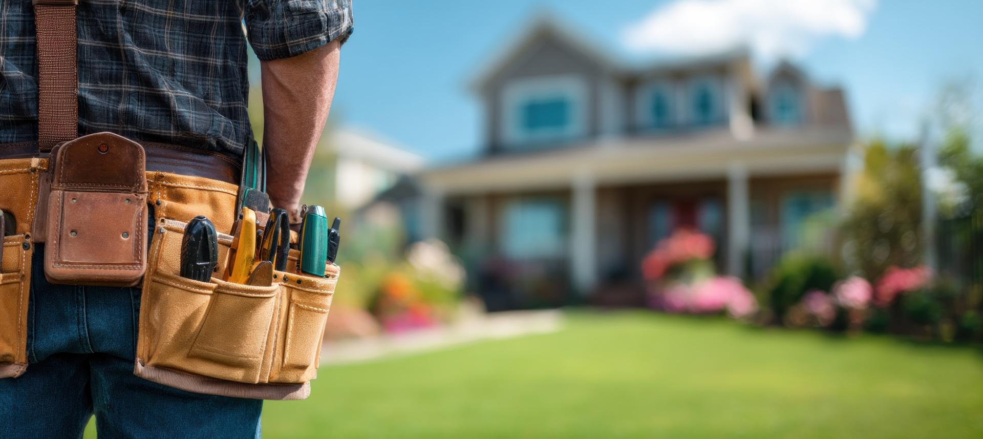 Handwerker steht mit Werkzeuggürtel vor gepflegtem Einfamilienhaus | Poolzubehör