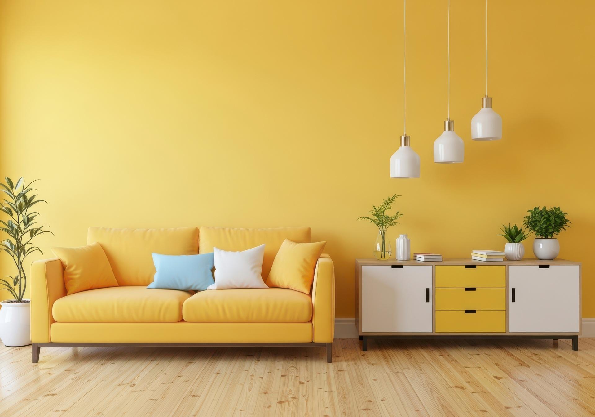 Gelbes Wohnzimmer mit Sofa und Sideboard | Garderoben